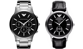 Emporio Armani AR2460 & AR9100 Silver and Black Leather Mens Watches