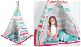 Wooden Play Tepee Tent with Blanket and 2 Cushions
