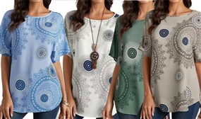 Ladies Short Sleeved Patterned Tunic Blouse - 4 Colour Options