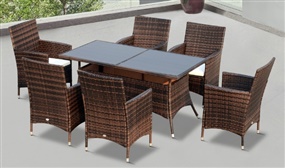 6 Armchair Rattan Dining Set with Glass or PS Table 