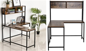 Industrial Style L-Shaped Desk with Floating Shelf 