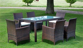 6 Seater Rattan Dining Set with Large Glass Top Dinning Table - Brown