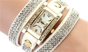 Women's Rectangular Crystal Wrap Watch and Bracelet