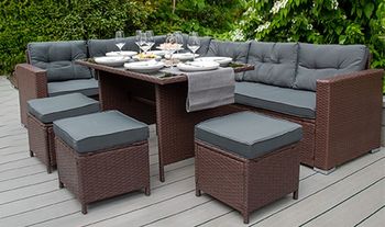 Rattan 9 Seater Corner L Shaped Dining Garden Set with Tempered Glass Table and Rain Cover - 3 Colours
