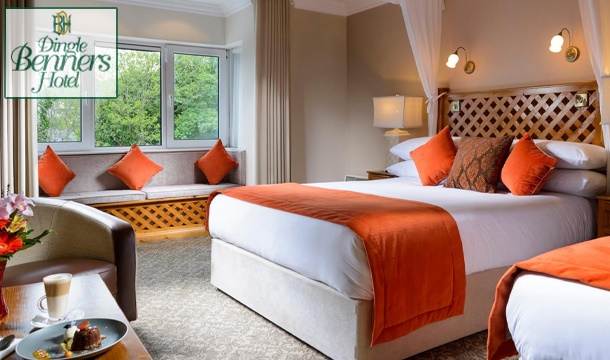 1, 2 or 3 Nights B&B Stay, option for a Main Course, a Glass of Wine Each, Late Check-Out & Complimentary Access to Leisure Facilities at Dingle Benners Hotel, Kerry