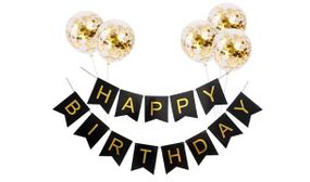 Birthday Party Decoration Pack - Banner & 5 Gold Confetti Balloons