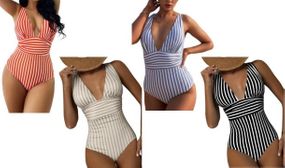 Striped V-neck swimsuit