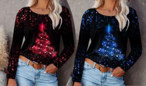 Christmas Long-Sleeved Top with Tree Design - Blue or Red