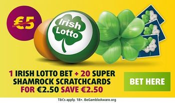 1 Irish Lotto Bet + 20 Super Shamrock Scratchcards for €2.50 (save €2.50)