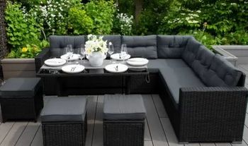 Rattan 9 Seater Corner L Shaped Dining Garden Set with Tempered Glass Table and Rain Cover