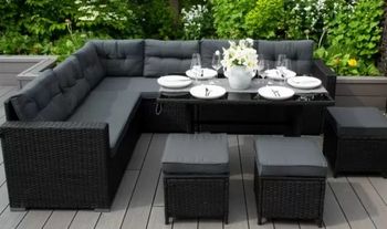 PRICE DROP: Rattan 9 Seater Corner L Shaped Dining Garden Set with Tempered Glass Table and Rain Cover - 3 Colours