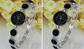 Women's Stainless Steel Black Rhinestone Watch