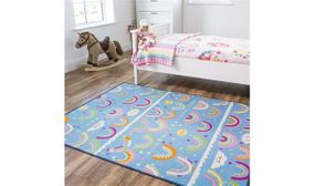 Kids Colourful Blue Rainbow Bedroom Play Room Rug