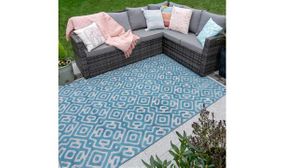 Teal Blue Textured Geometric Weatherproof Indoor Outdoor Rugs